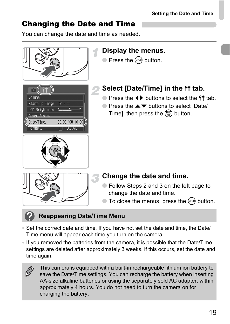 Changing the date and time, Display the menus, Select [date/time] in the | Change the date and time | Canon A2000 IS User Manual | Page 19 / 147