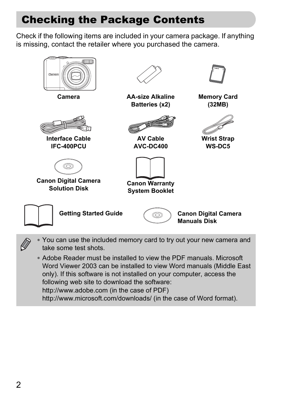 Checking the package contents | Canon A2000 IS User Manual | Page 2 / 147