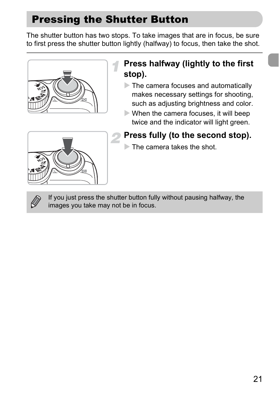 Pressing the shutter button | Canon A2000 IS User Manual | Page 21 / 147