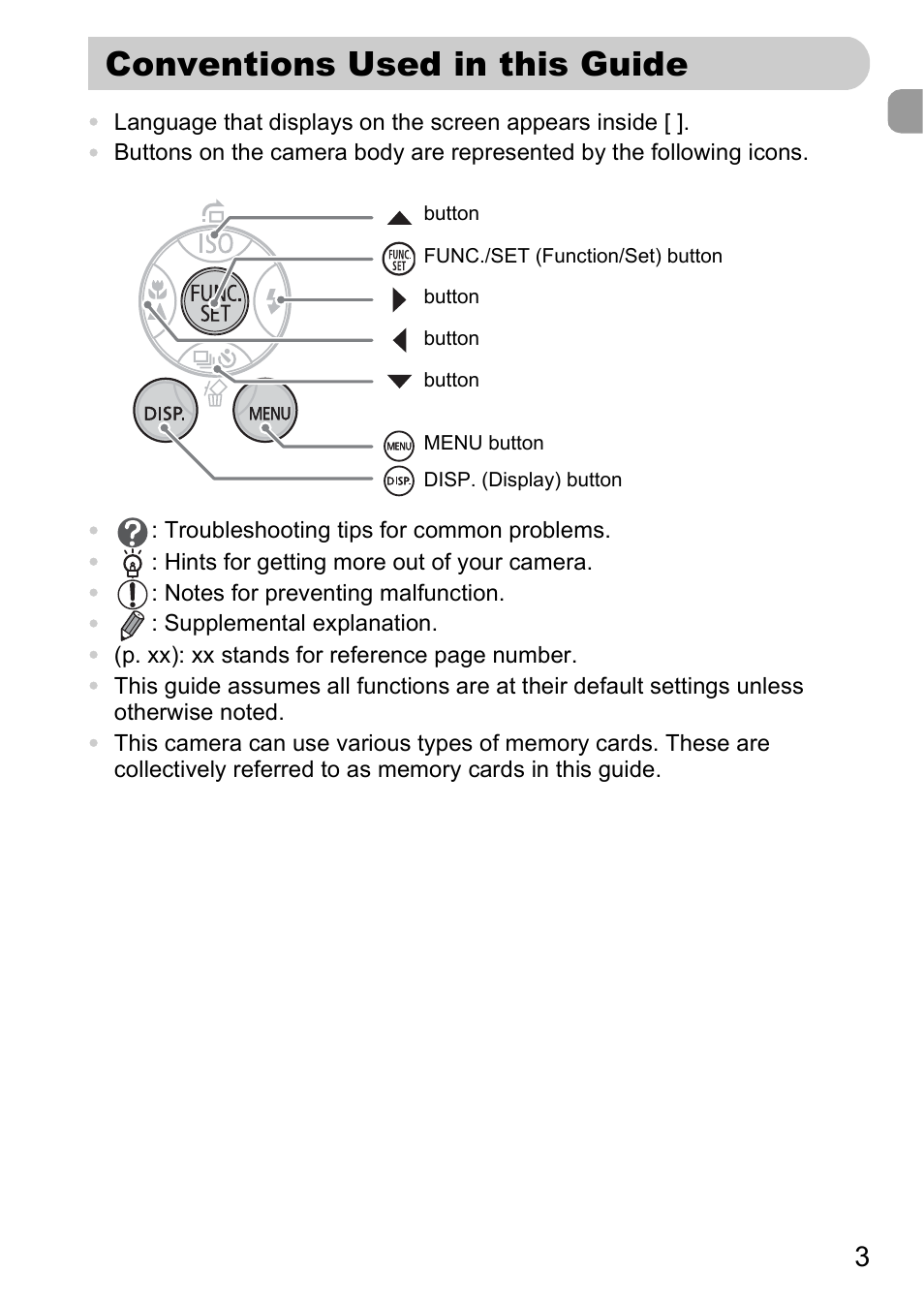 Conventions used in this guide | Canon A2000 IS User Manual | Page 3 / 147