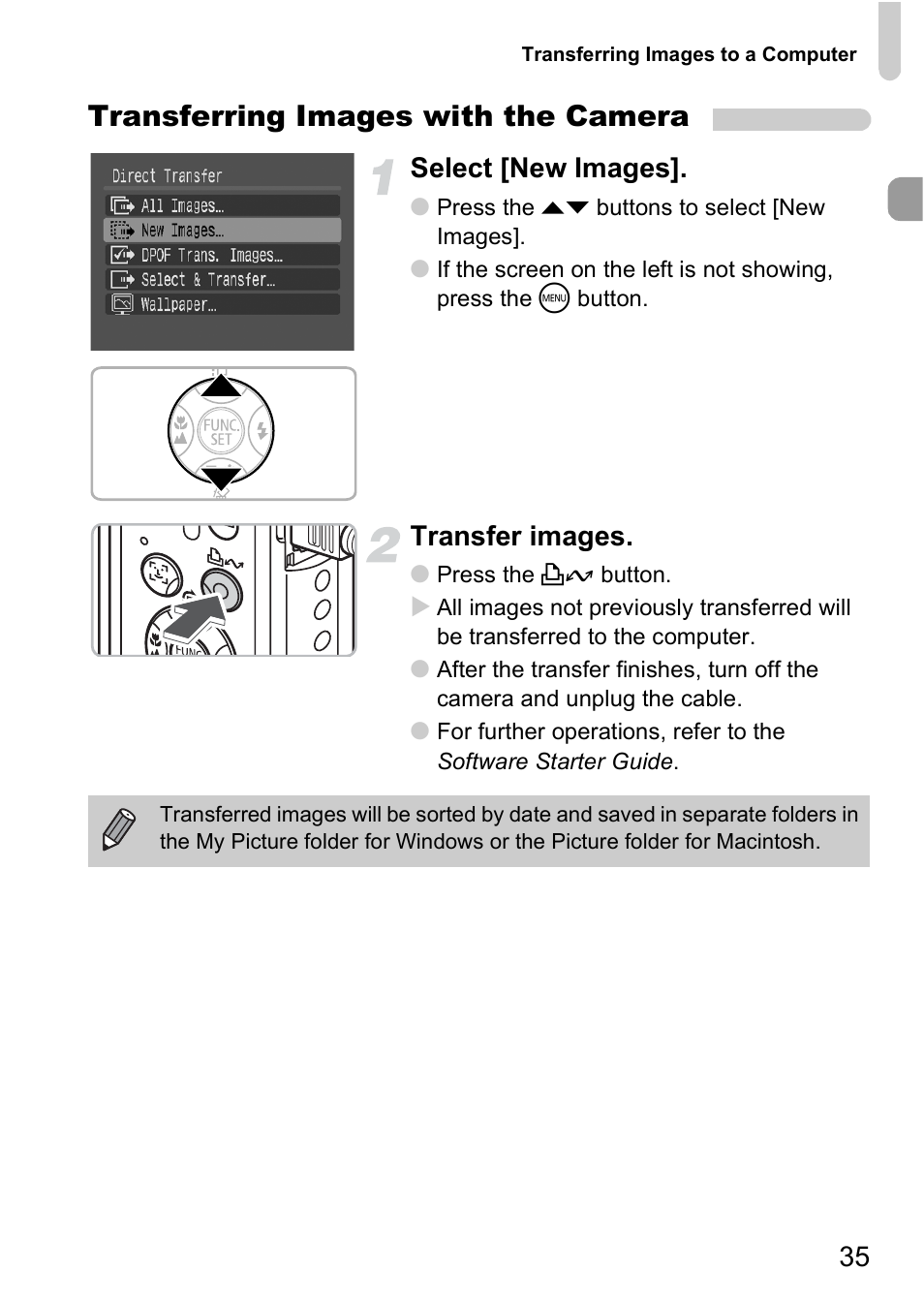 Transferring images with the camera, Select [new images, Transfer images | Canon A2000 IS User Manual | Page 35 / 147