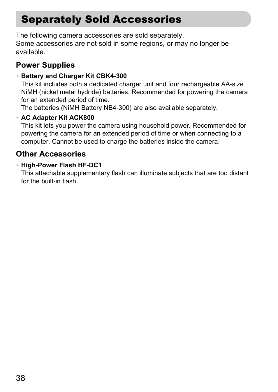 Separately sold accessories | Canon A2000 IS User Manual | Page 38 / 147