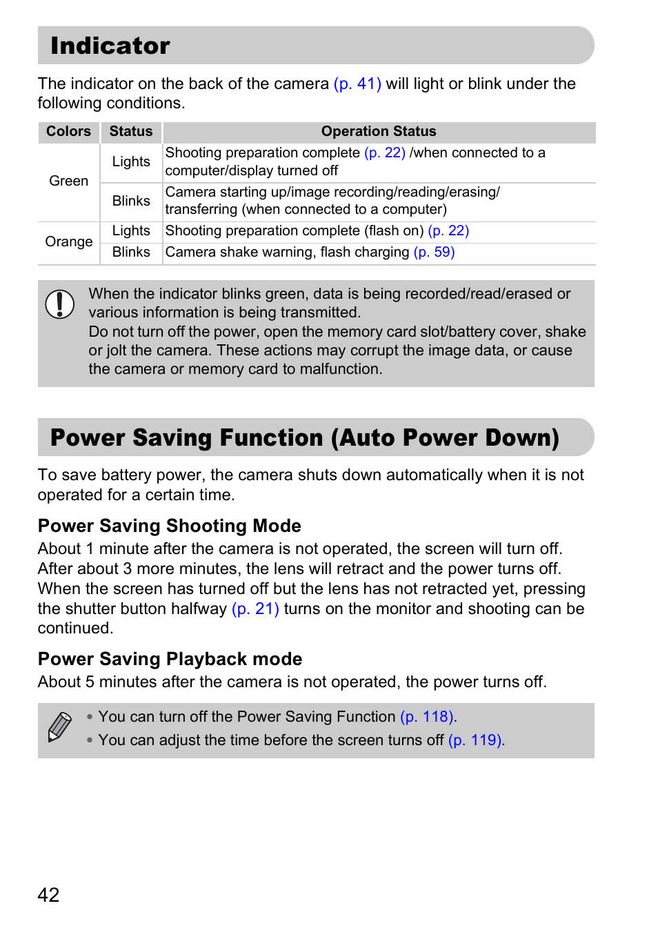 Indicator, Power saving function (auto power down), Indicator power saving function | Auto power down), P. 42), Power saving shooting mode, Power saving playback mode | Canon A2000 IS User Manual | Page 42 / 147