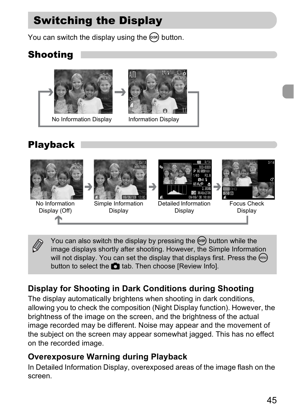 Switching the display, Shooting playback, Overexposure warning during playback | Canon A2000 IS User Manual | Page 45 / 147