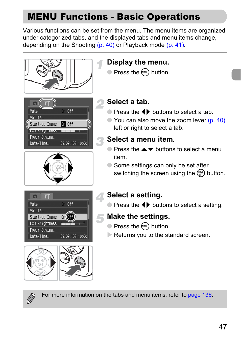 Menu functions - basic operations, P. 47), Display the menu | Select a tab, Select a menu item, Select a setting, Make the settings | Canon A2000 IS User Manual | Page 47 / 147
