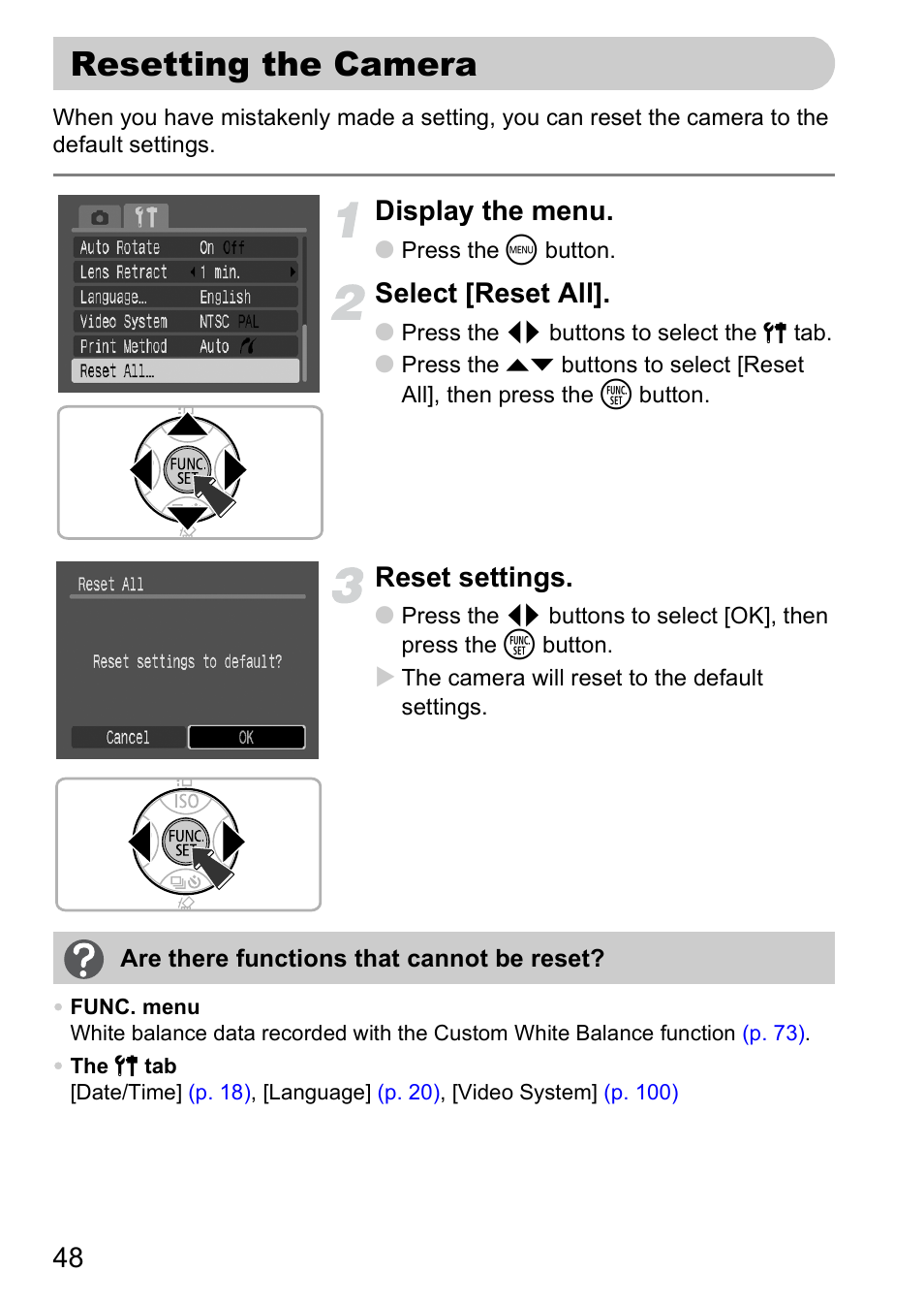 Resetting the camera, Display the menu, Select [reset all | Reset settings | Canon A2000 IS User Manual | Page 48 / 147