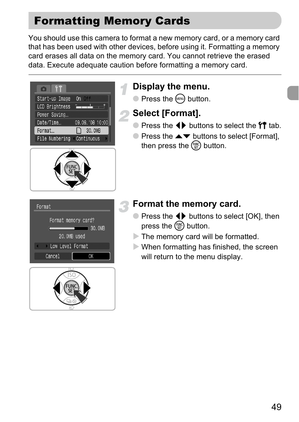 Formatting memory cards, Display the menu, Select [format | Canon A2000 IS User Manual | Page 49 / 147