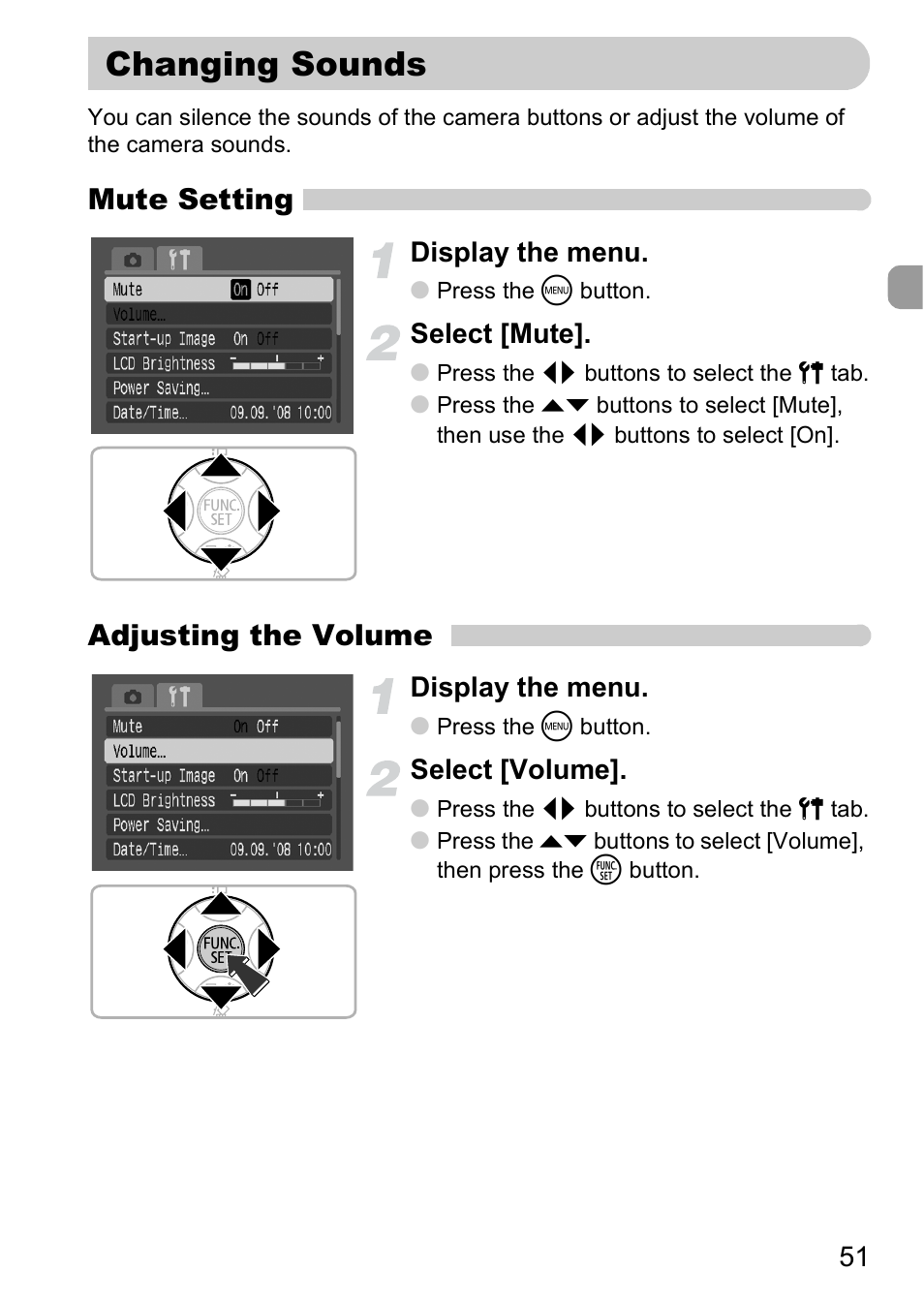 Changing sounds, Turn off sound, Mute setting | Adjusting the volume | Canon A2000 IS User Manual | Page 51 / 147