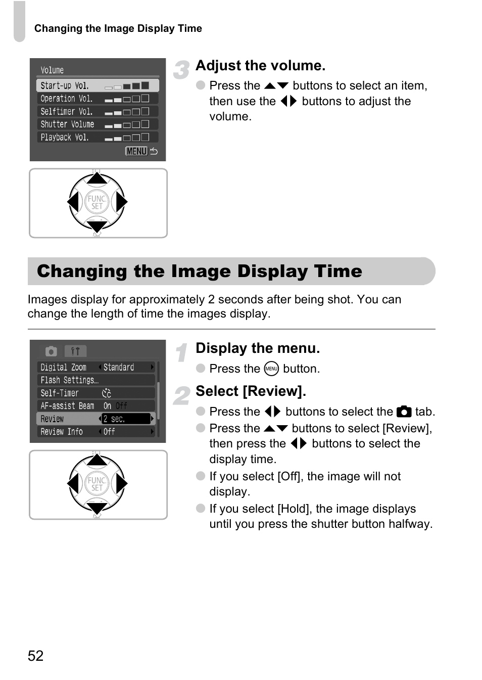 Changing the image display time, 52 adjust the volume, Display the menu | Select [review | Canon A2000 IS User Manual | Page 52 / 147