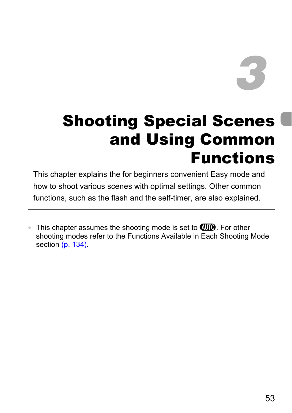 Shooting special scenes and, Using common functions, Mode | P. 53), Shooting special scenes and using common functions | Canon A2000 IS User Manual | Page 53 / 147