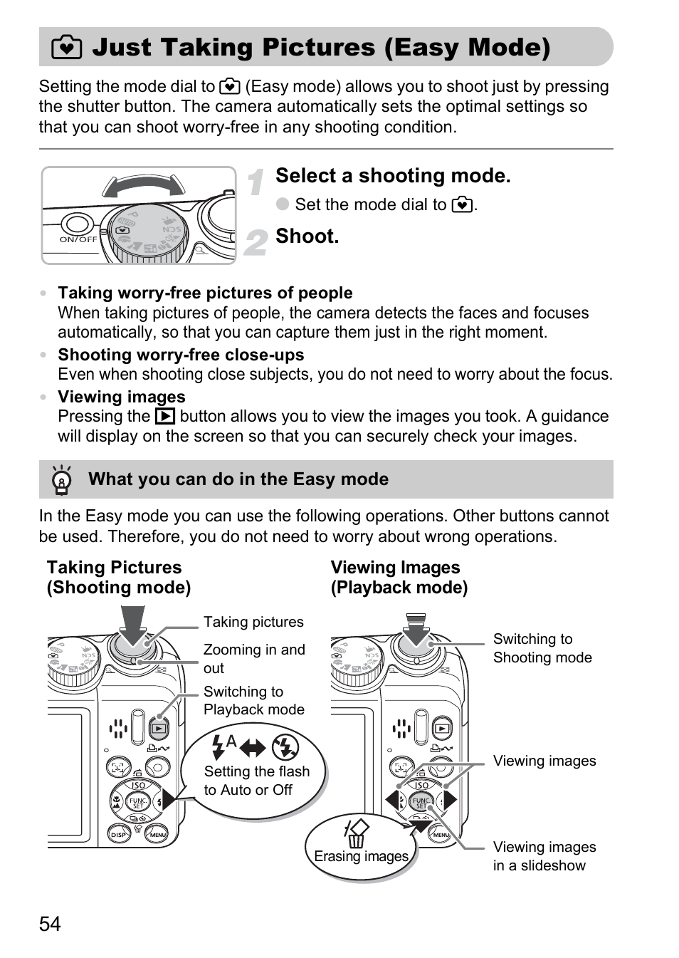 Just taking pictures (easy mode), 9 just taking pictures, Easy mode) | Easy mode, P. 54), 9 just taking pictures (easy mode), Select a shooting mode, Shoot | Canon A2000 IS User Manual | Page 54 / 147