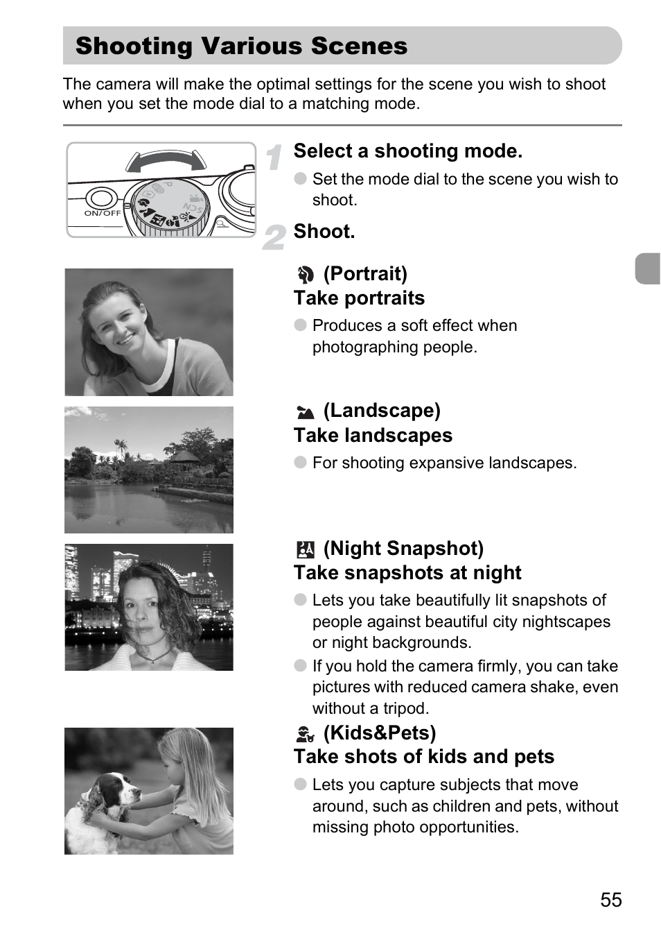 Shooting various scenes, Shooting various scenes –5, P. 55) | Canon A2000 IS User Manual | Page 55 / 147