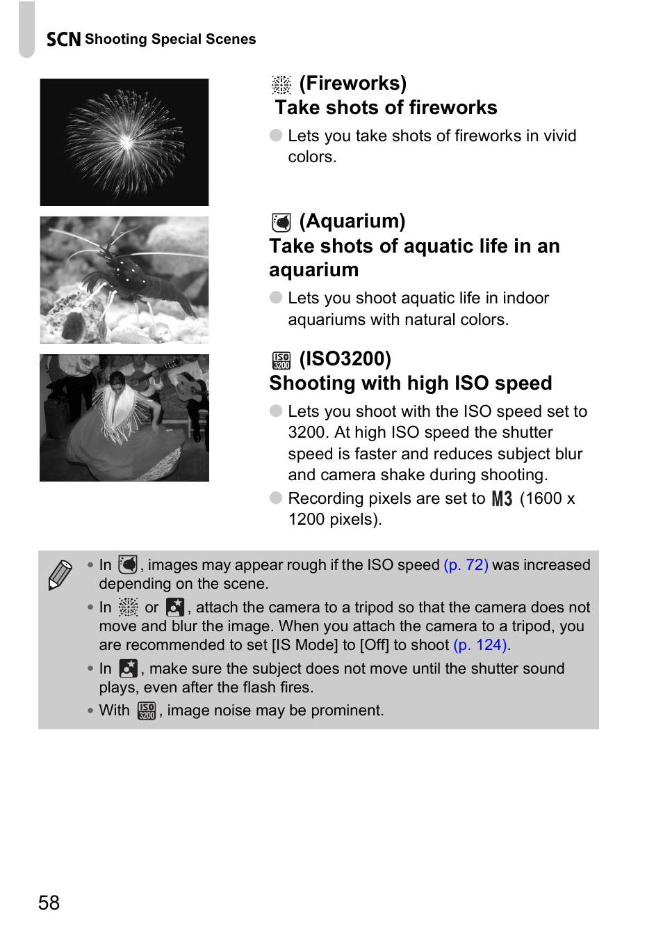 High iso speed), P. 58), 58 (fireworks) take shots of fireworks | Iso3200) shooting with high iso speed | Canon A2000 IS User Manual | Page 58 / 147