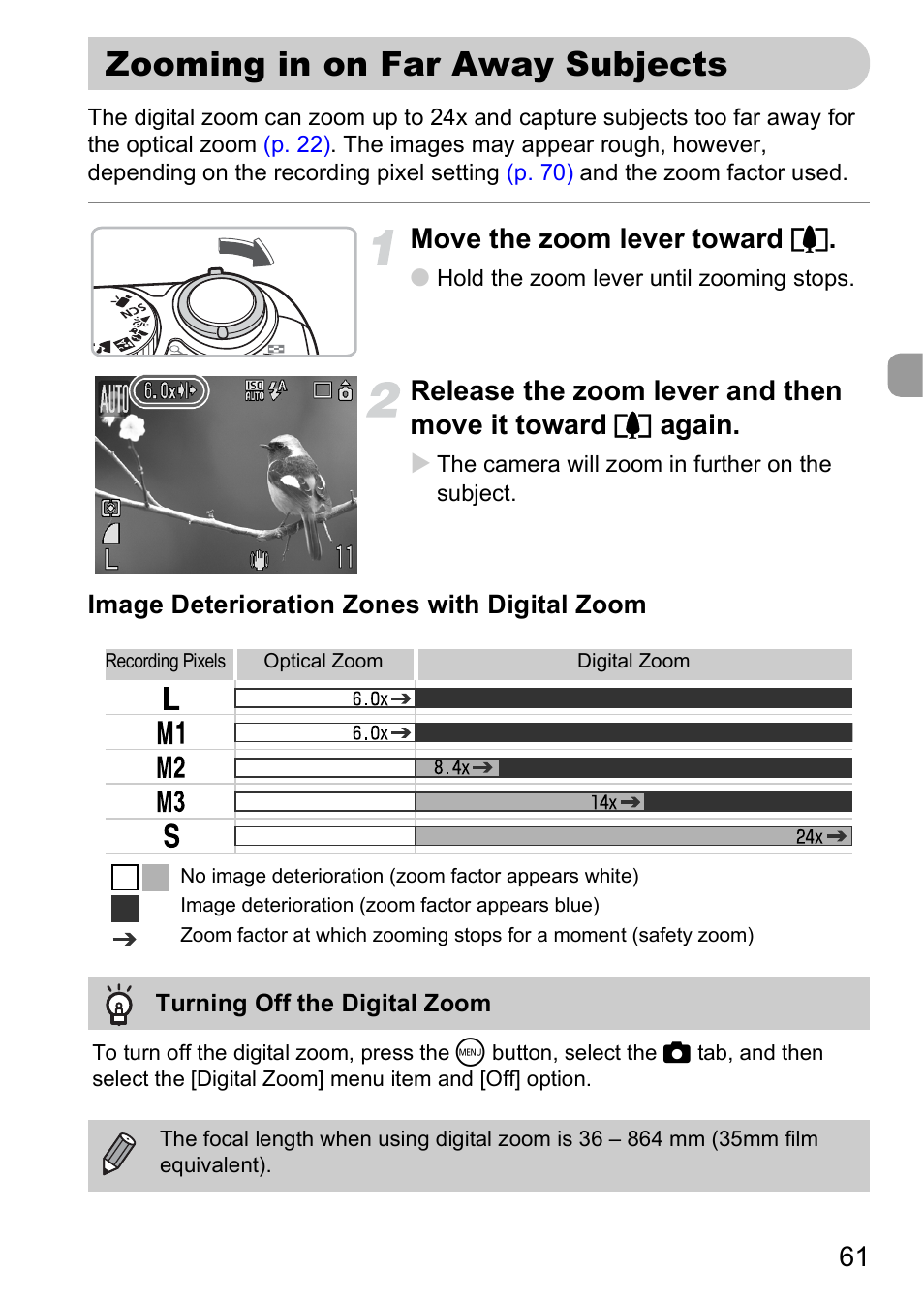 Zooming in on far away subjects, Ctor, P. 61) | Move the zoom lever toward i | Canon A2000 IS User Manual | Page 61 / 147
