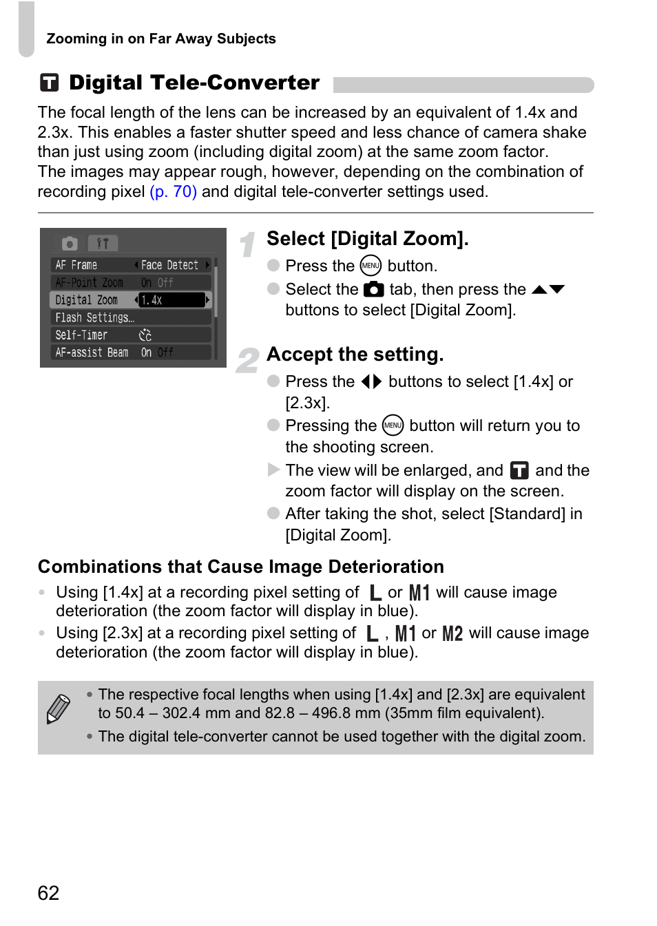 P. 62), Digital tele-converter, Select [digital zoom | Accept the setting | Canon A2000 IS User Manual | Page 62 / 147