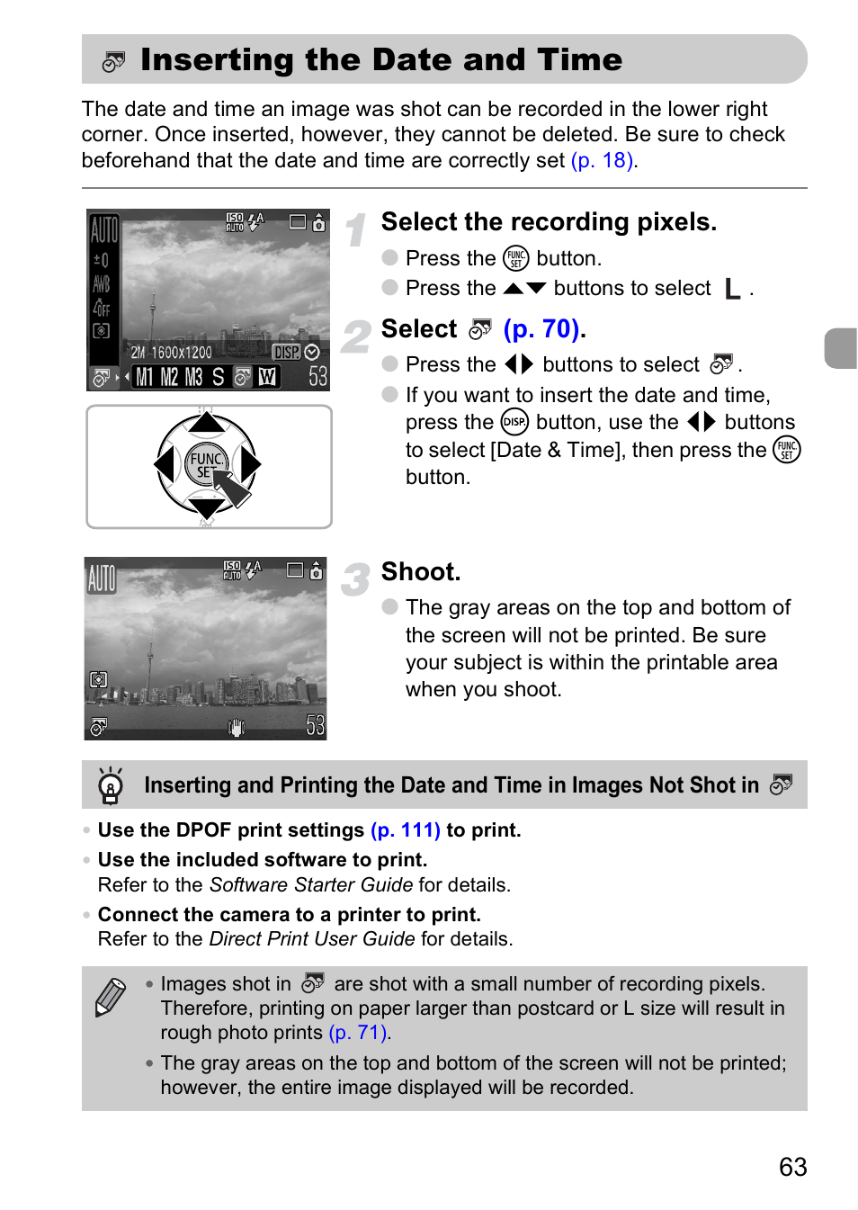 Inserting the date and time, Insert the date and time into my pictures, Select the recording pixels | Sel ect (p. 70), Shoot | Canon A2000 IS User Manual | Page 63 / 147