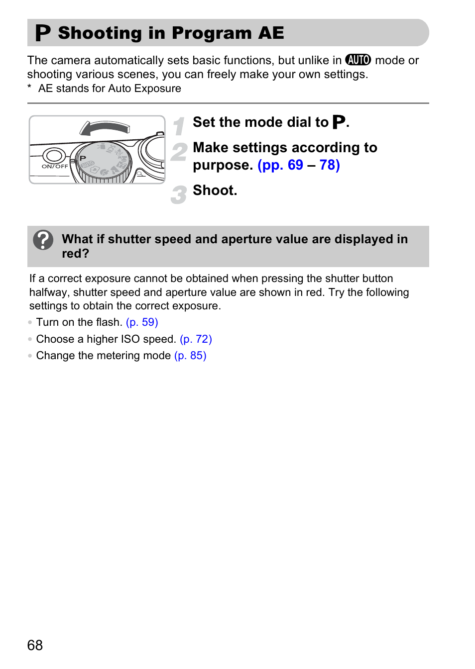 Shooting in program ae, G shooting in program ae | Canon A2000 IS User Manual | Page 68 / 147