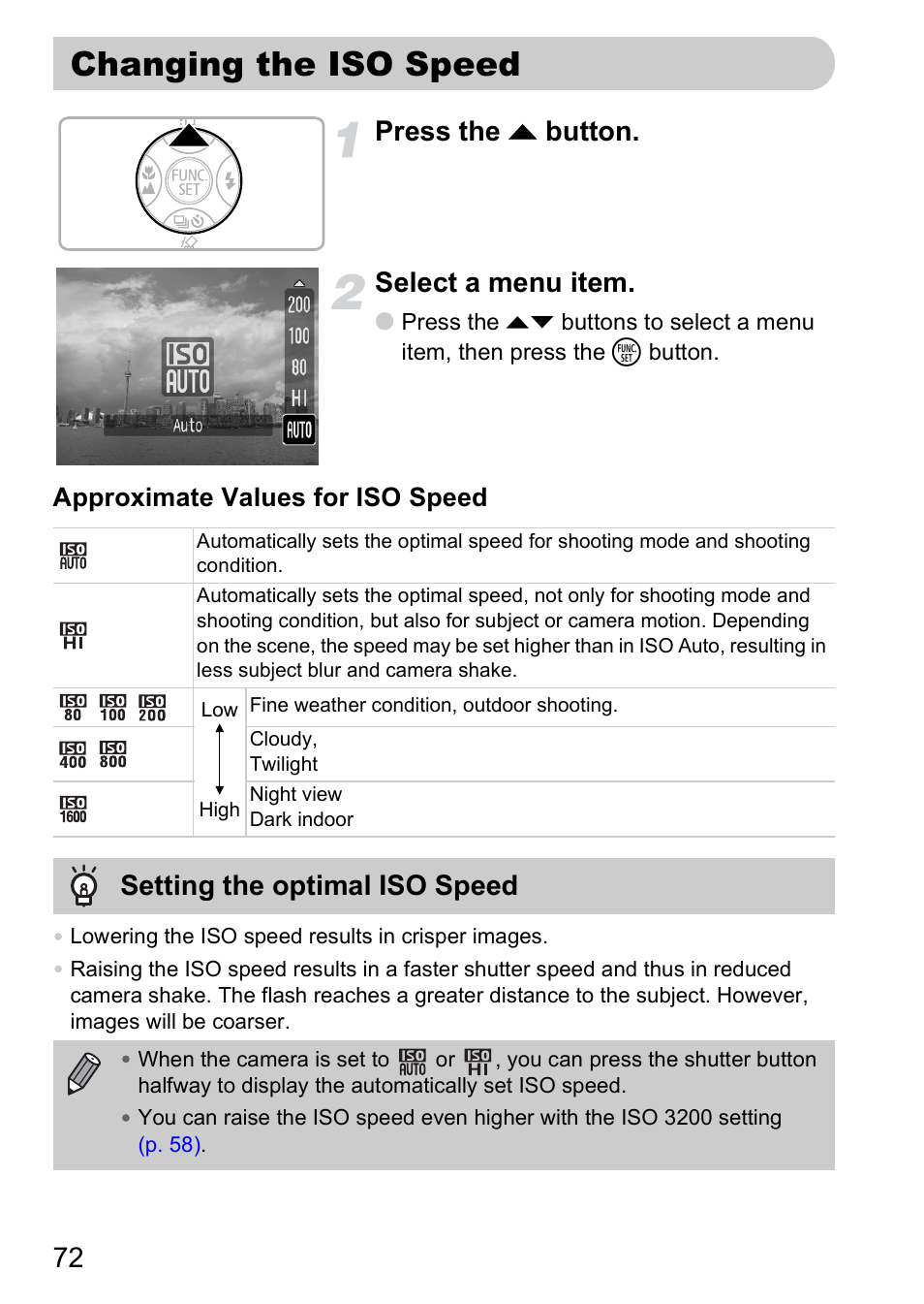 Changing the iso speed, P. 72), O speed | Was incr, 72 press the o button. select a menu item, Setting the optimal iso speed | Canon A2000 IS User Manual | Page 72 / 147
