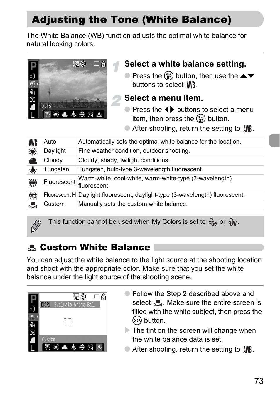 Adjusting the tone (white balance), Adjusting the tone (white balance) 73, Lance | P. 73), Custom white balance, Select a white balance setting, Select a menu item | Canon A2000 IS User Manual | Page 73 / 147
