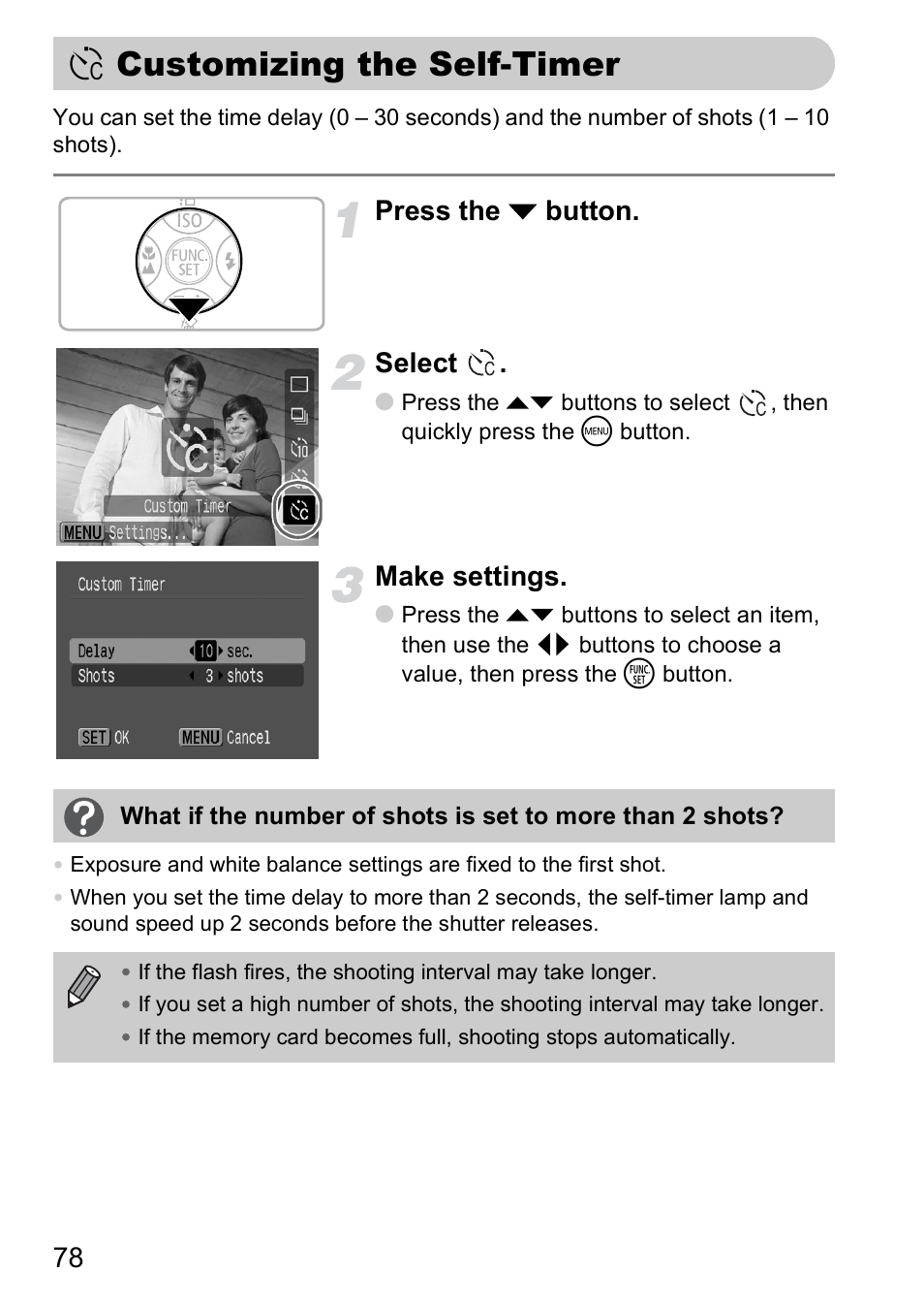 Customizing the self-timer, Press the p button. select, Make settings | Canon A2000 IS User Manual | Page 78 / 147