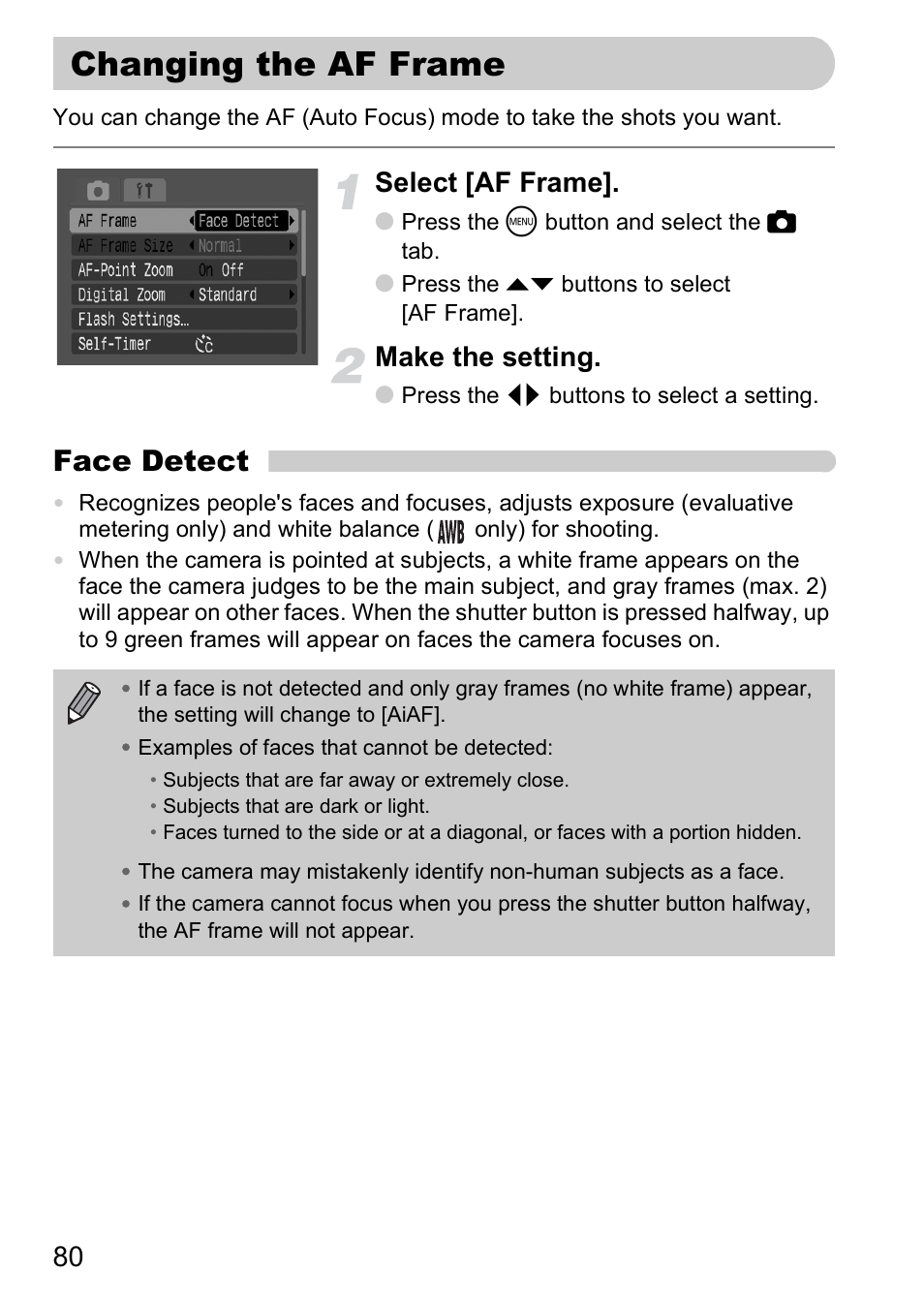 Changing the af frame, Focus on faces, P. 80) | Face detect, Select [af frame, Make the setting | Canon A2000 IS User Manual | Page 80 / 147