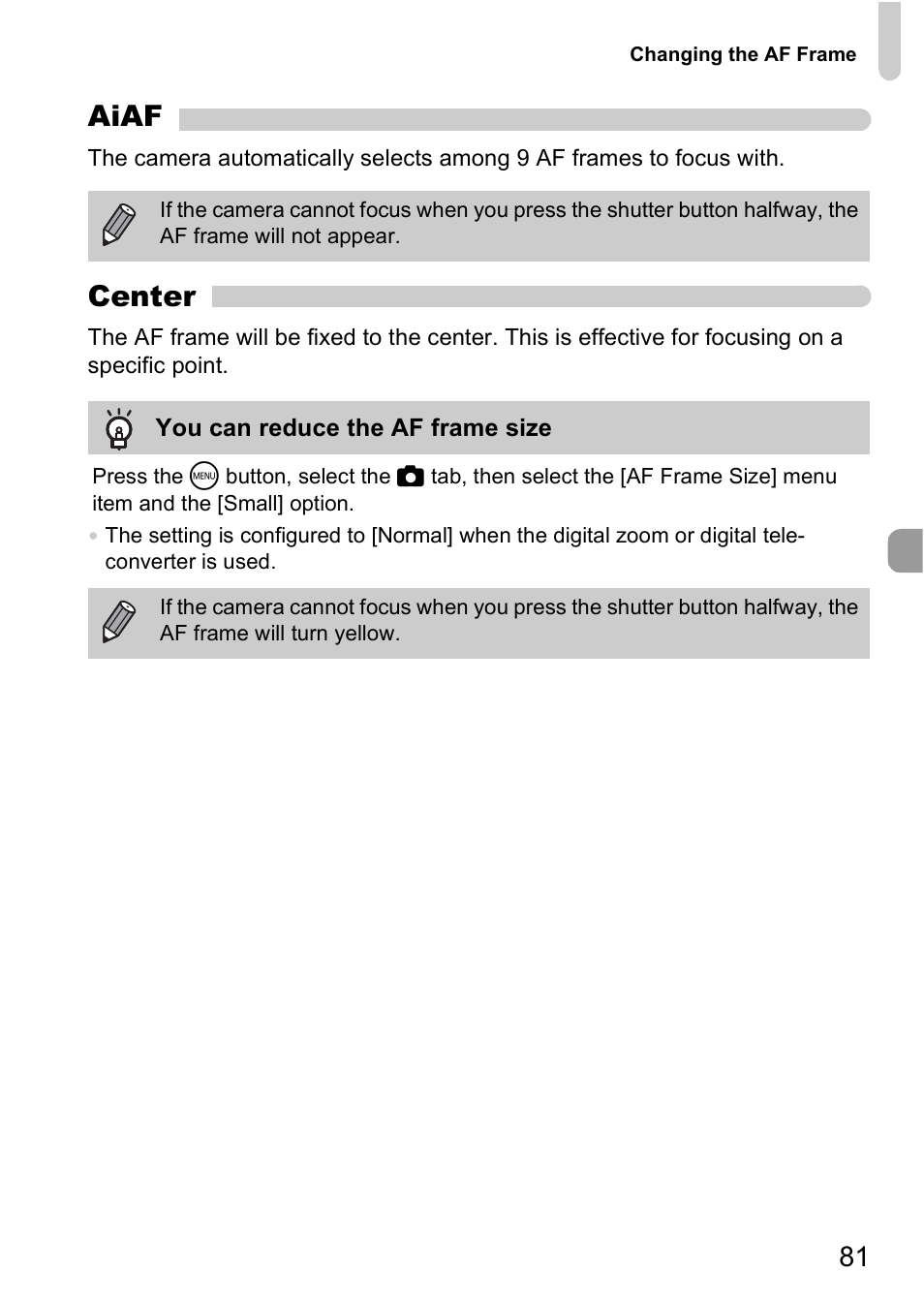 Aiaf, Center | Canon A2000 IS User Manual | Page 81 / 147