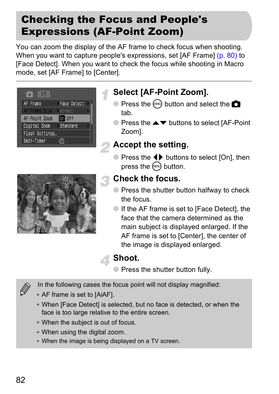 Checking the focus and people's, Expressions (af-point zoom), Select [af-point zoom | Accept the setting, Check the focus, Shoot | Canon A2000 IS User Manual | Page 82 / 147