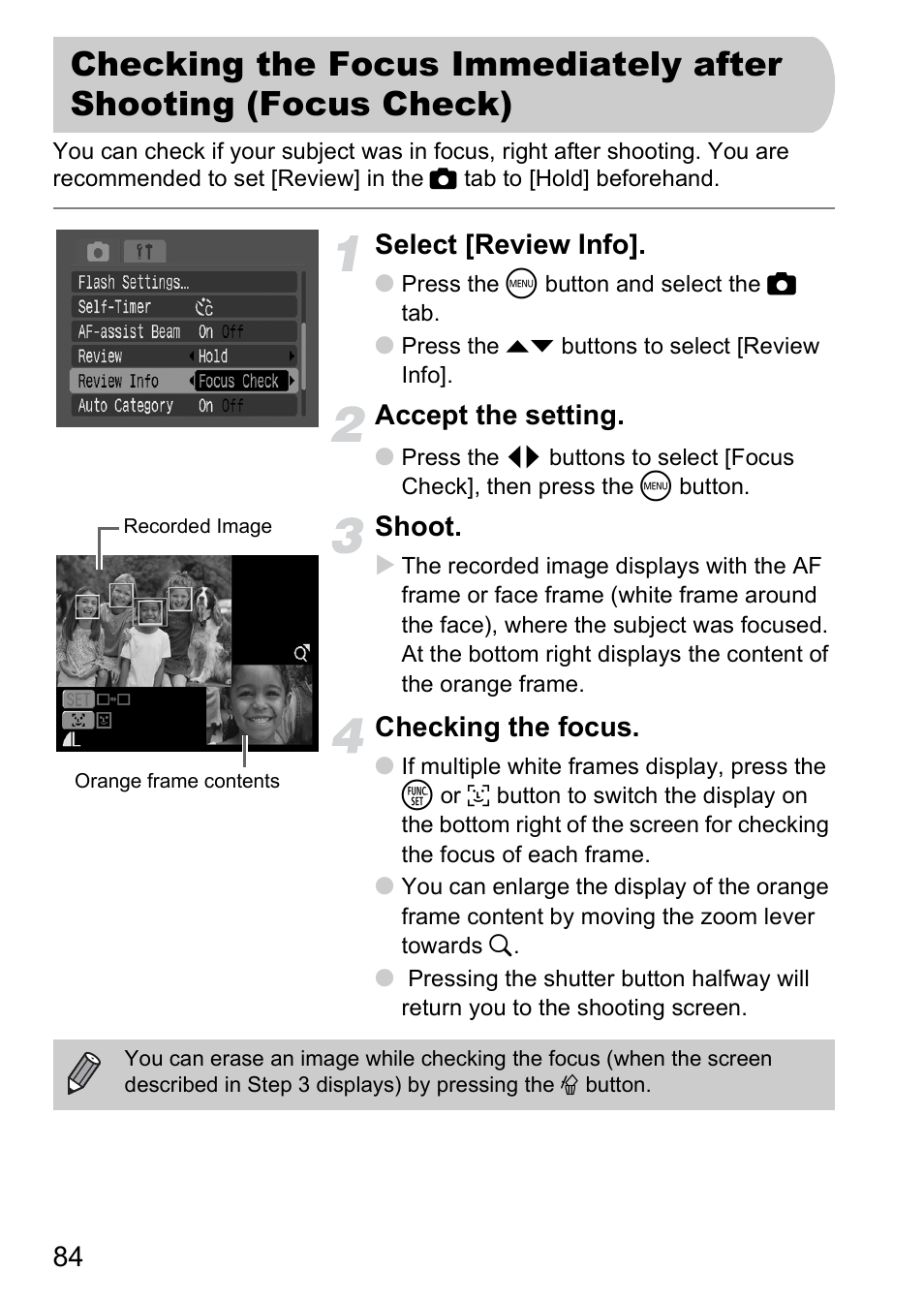 Checking the focus immediately after, Shooting (focus check), Select [review info | Accept the setting, Shoot, Checking the focus | Canon A2000 IS User Manual | Page 84 / 147