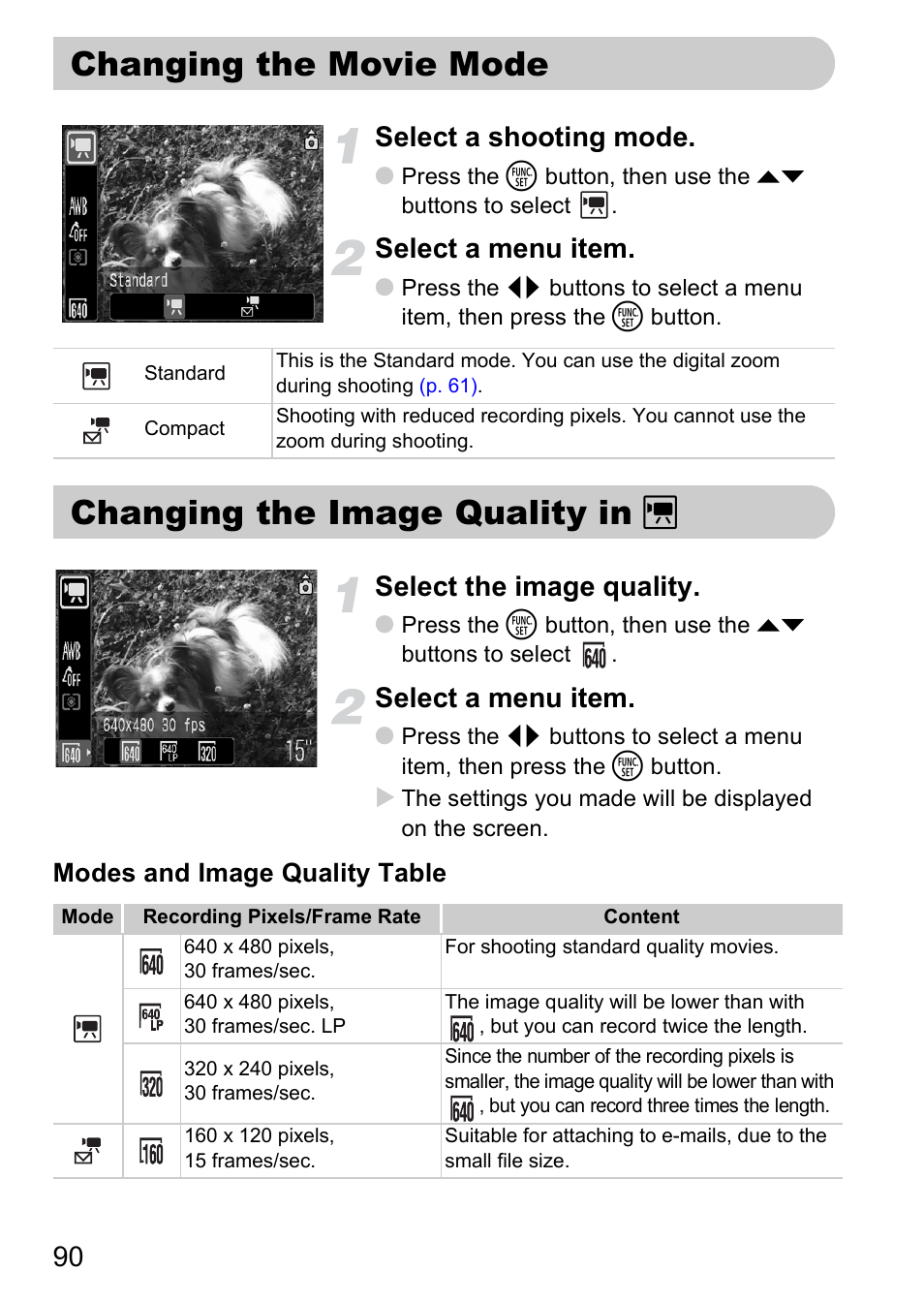 Changing the movie mode, Changing the image quality in, Changing the image quality in x | 90 select a shooting mode, Select a menu item, Select the image quality | Canon A2000 IS User Manual | Page 90 / 147