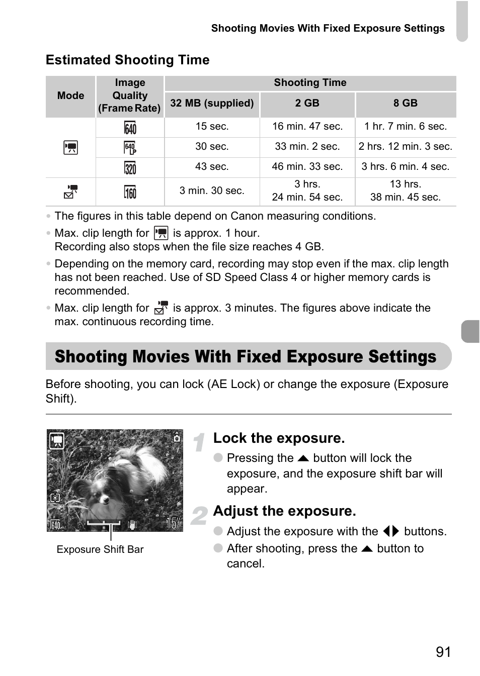 Shooting movies with fixed exposure settings, Shooting movies with fixed, Exposure settings | P. 91), Vies: movie length, Lock the exposure, Adjust the exposure, Estimated shooting time | Canon A2000 IS User Manual | Page 91 / 147