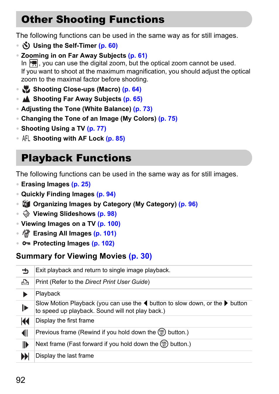 Other shooting functions, Playback functions, Other shooting functions playback functions | Summary for viewing movies (p. 30) | Canon A2000 IS User Manual | Page 92 / 147