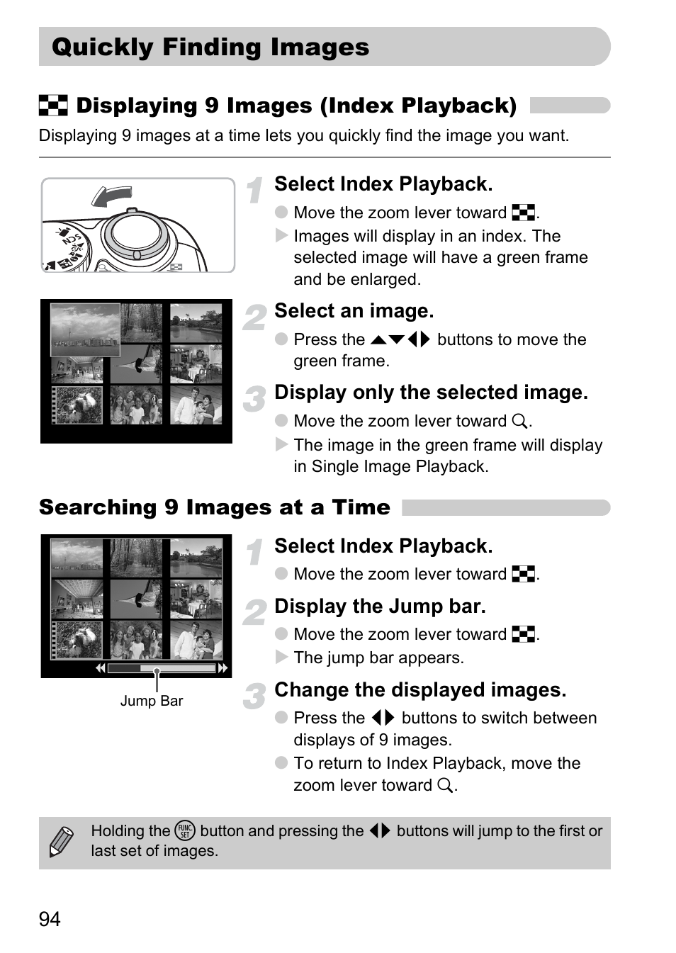 Quickly finding images, Quickly search pictures, P. 94) | G displaying 9 images (index playback), Searching 9 images at a time, Select index playback, Select an image, Display only the selected image, Display the jump bar, Change the displayed images | Canon A2000 IS User Manual | Page 94 / 147