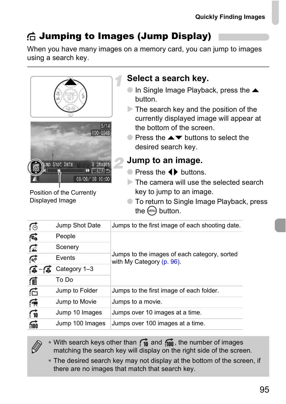 P. 95), D jumping to images (jump display), Select a search key | Jump to an image | Canon A2000 IS User Manual | Page 95 / 147