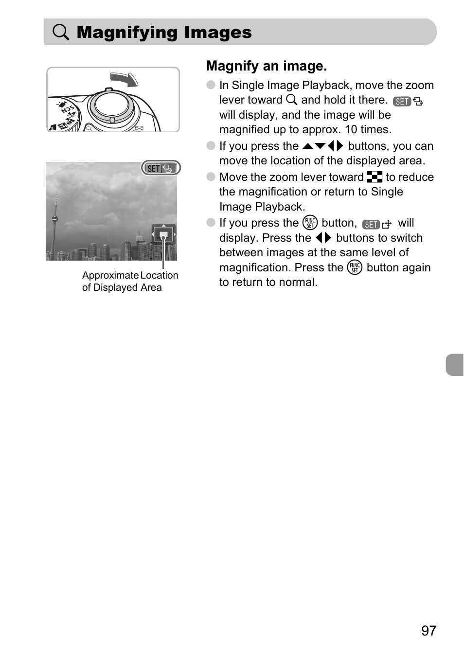Magnifying images, K magnifying images, 97 magnify an image | Canon A2000 IS User Manual | Page 97 / 147