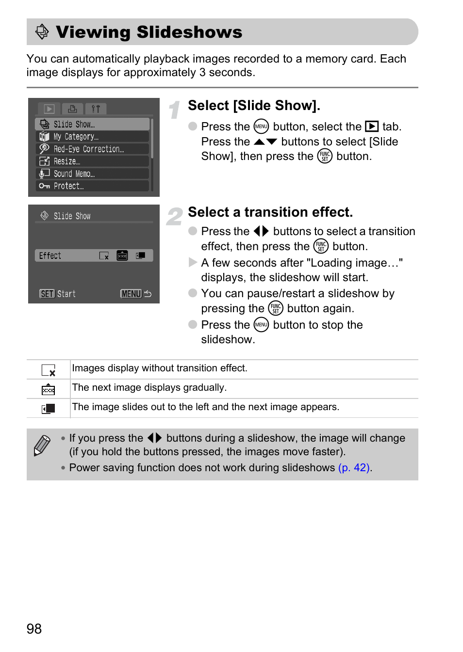 Viewing slideshows, Automatically play back pictures (slide show), P. 98) | Select [slide show, Select a transition effect | Canon A2000 IS User Manual | Page 98 / 147
