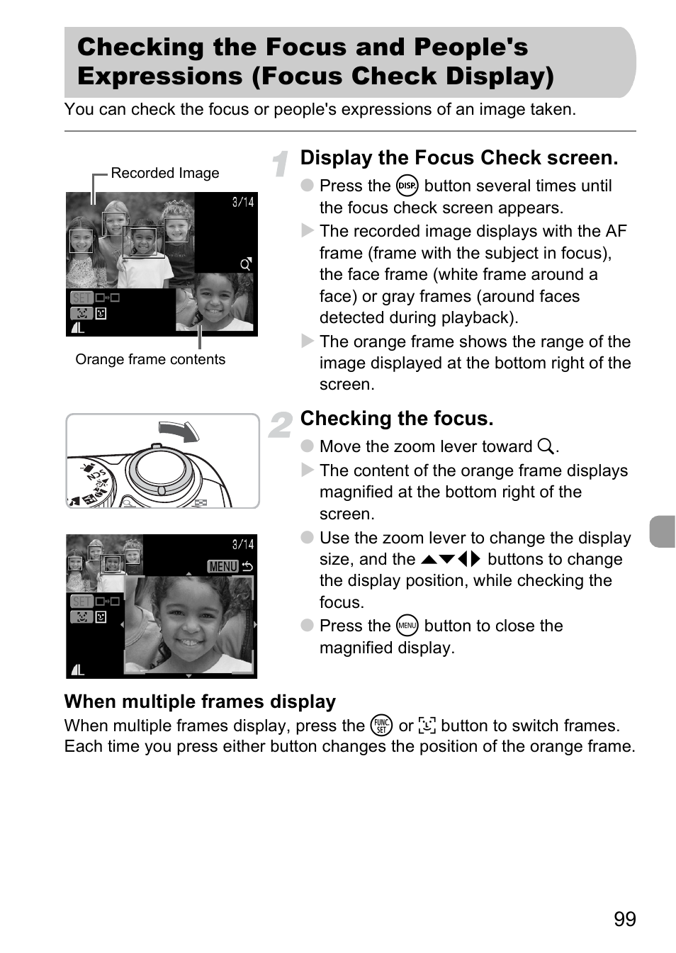 Checking the focus and people's, Expressions (focus check display), Display the focus check screen | Checking the focus | Canon A2000 IS User Manual | Page 99 / 147