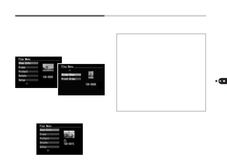 Play menu, Show/hide info | Canon A50 User Manual | Page 75 / 110