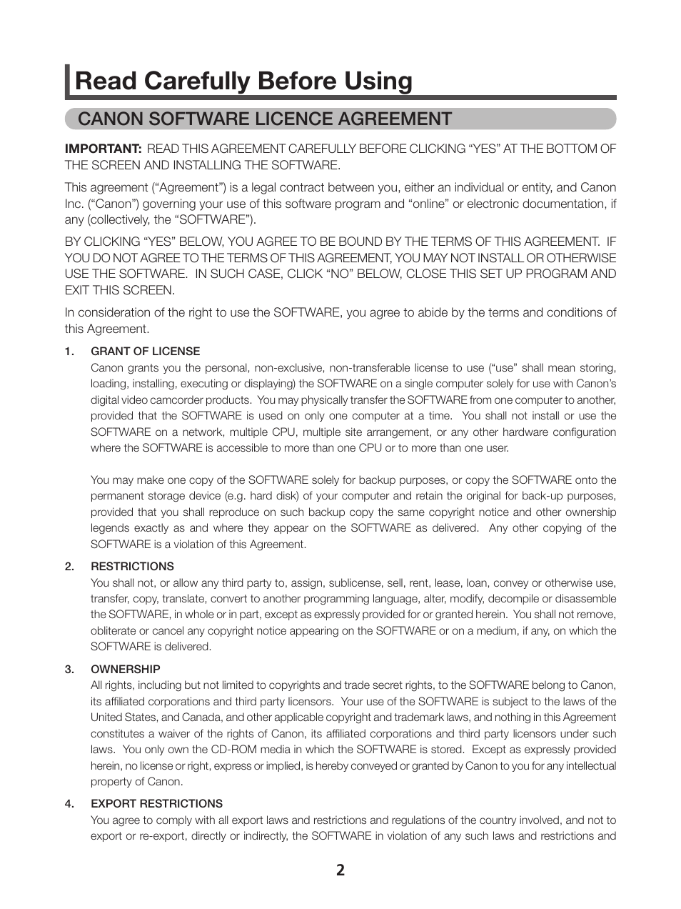 Read carefully before using, Canon software licence agreement | Canon DVPC RECORDER 1 User Manual | Page 2 / 31