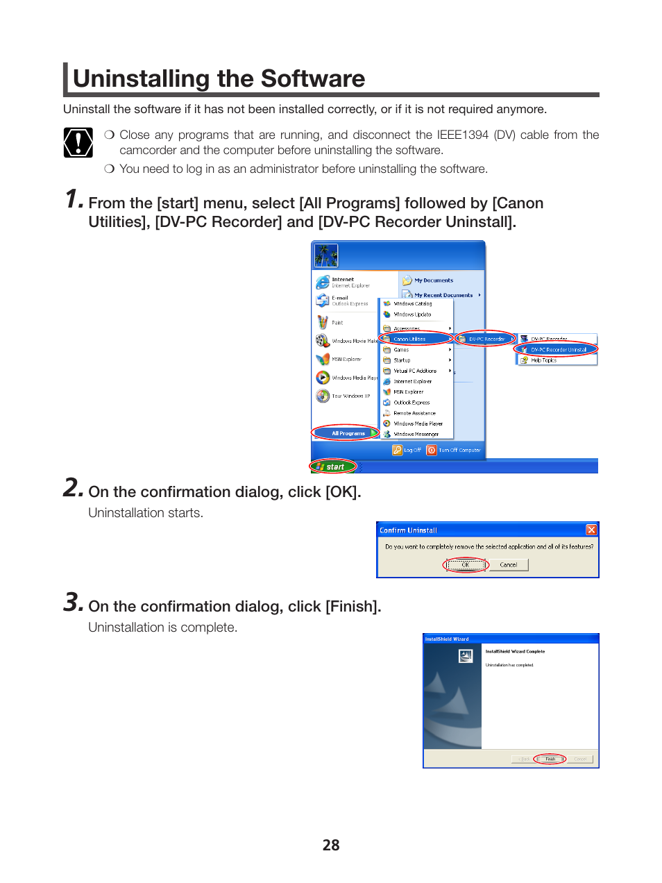 Uninstalling the software | Canon DVPC RECORDER 1 User Manual | Page 28 / 31