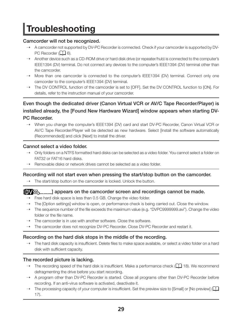 Troubleshooting, Video folder | Canon DVPC RECORDER 1 User Manual | Page 29 / 31