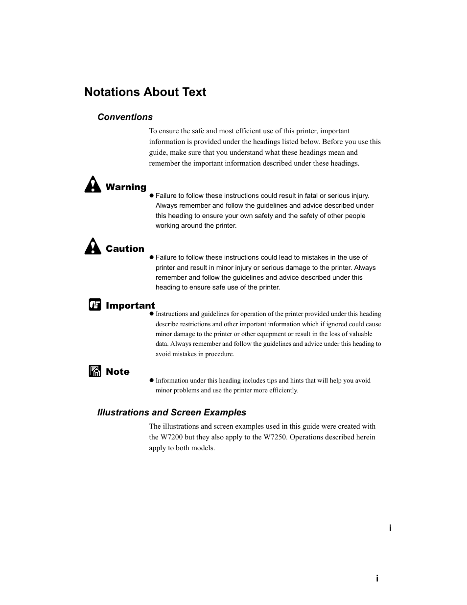 Notations about text, Conventions, Illustrations and screen examples | Canon W7250 User Manual | Page 3 / 126