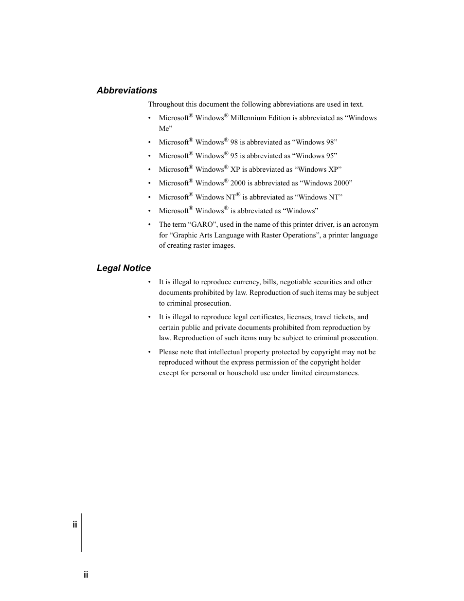Abbreviations, Legal notice, Ii abbreviations | Canon W7250 User Manual | Page 4 / 126
