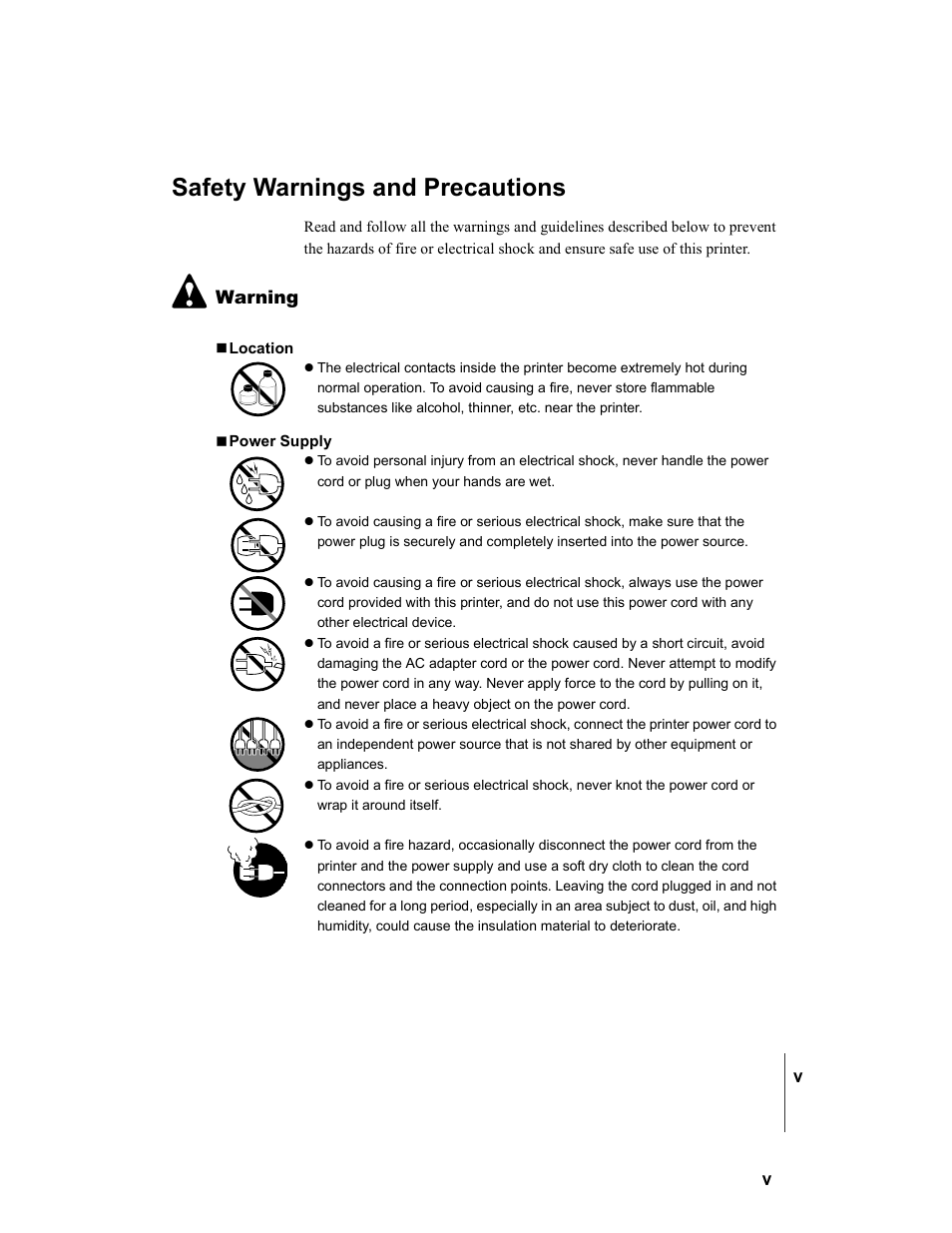 Safety warnings and precautions | Canon W7250 User Manual | Page 7 / 126
