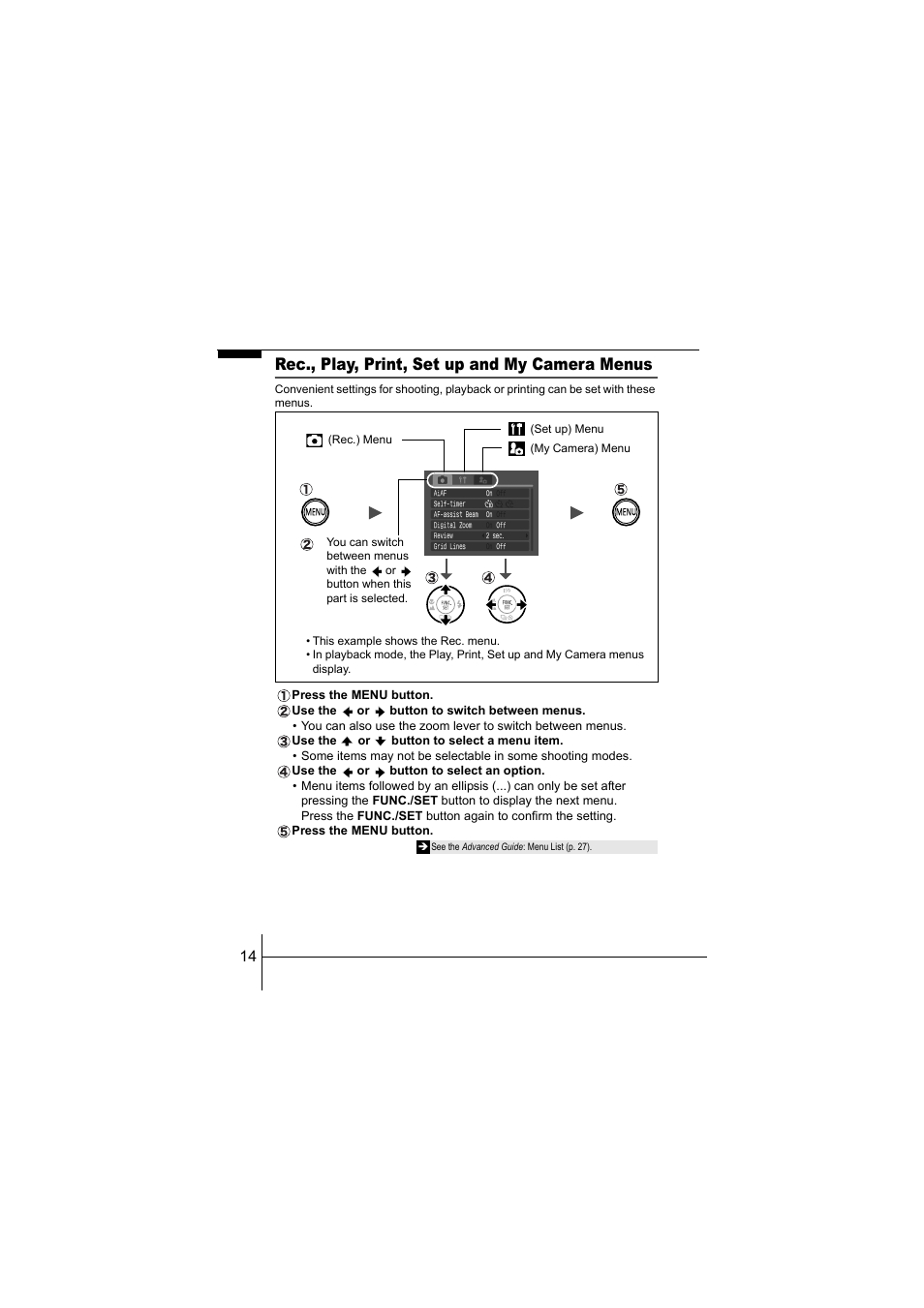 P. 14), Rec., play, print, set up and my camera menus | Canon CEL-SF7BA210 User Manual | Page 16 / 29