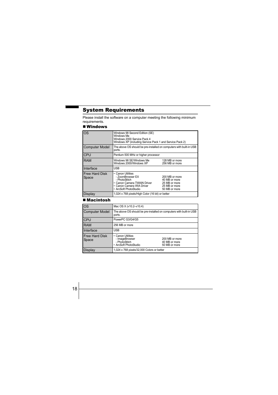 P. 18), System requirements | Canon CEL-SF7BA210 User Manual | Page 20 / 29