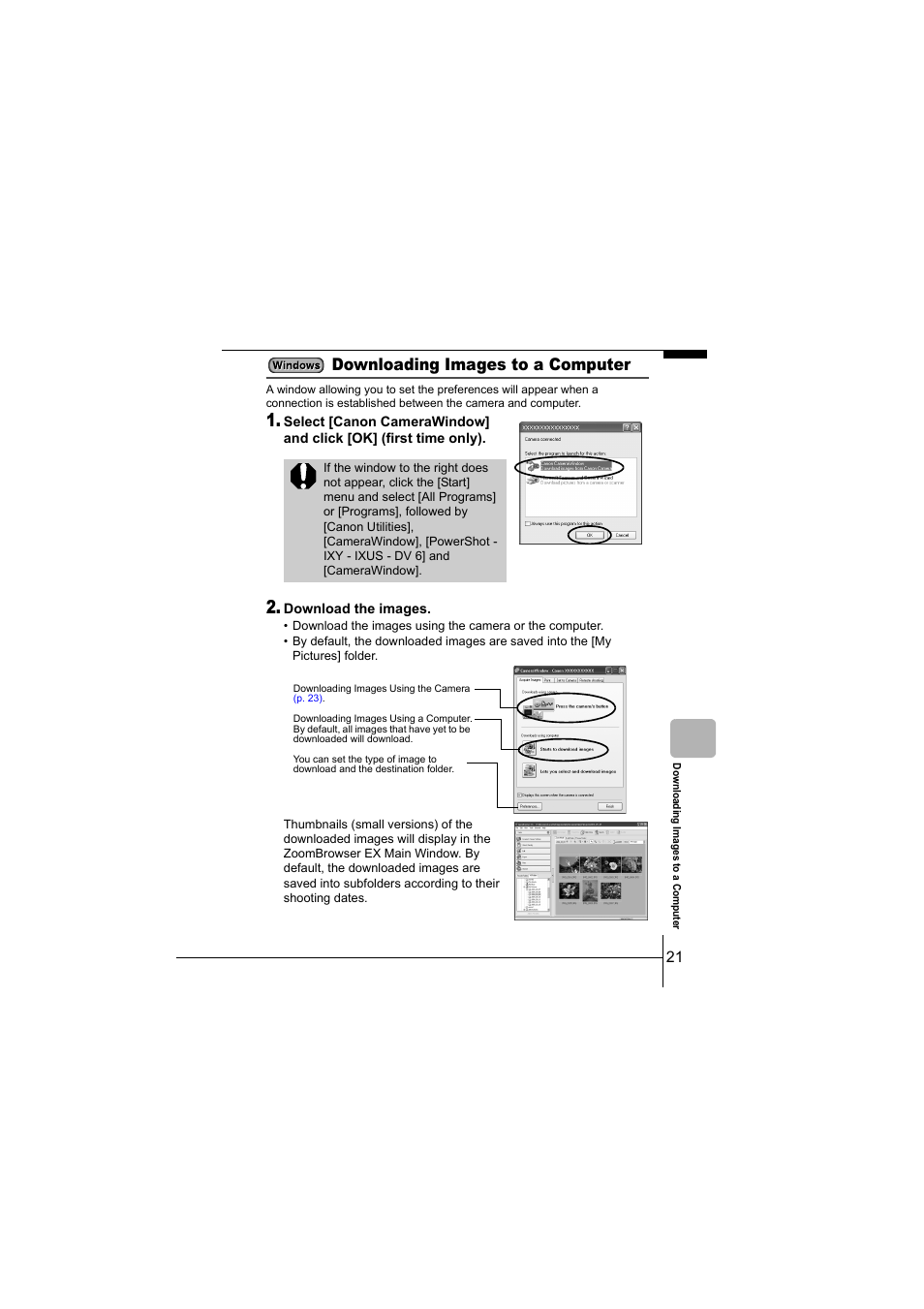 Pp. 21, Downloading images to a computer | Canon CEL-SF7BA210 User Manual | Page 23 / 29