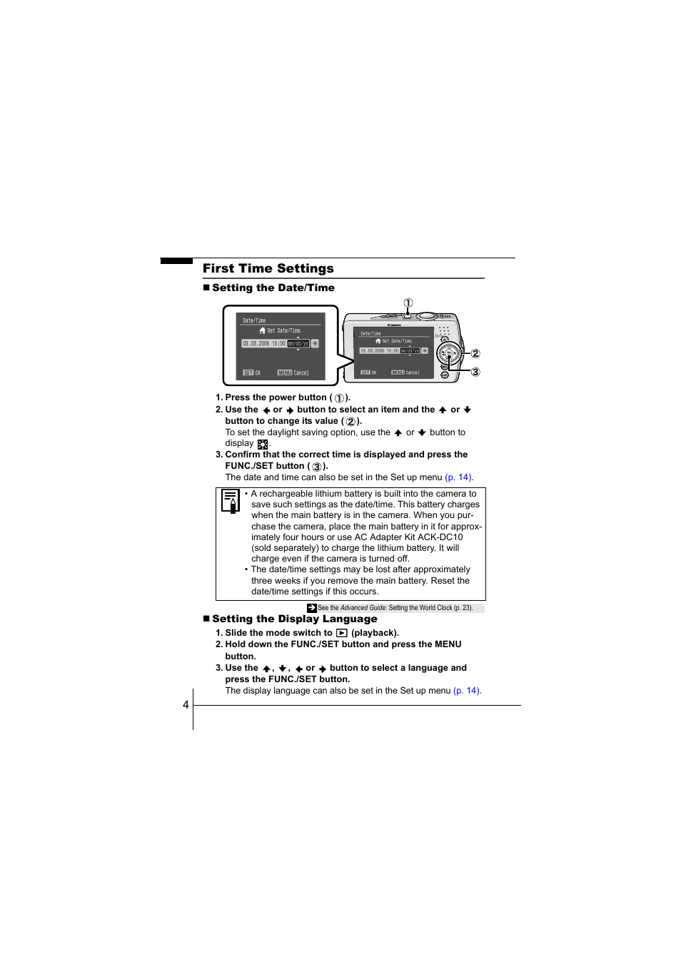 First time settings | Canon CEL-SF7BA210 User Manual | Page 6 / 29