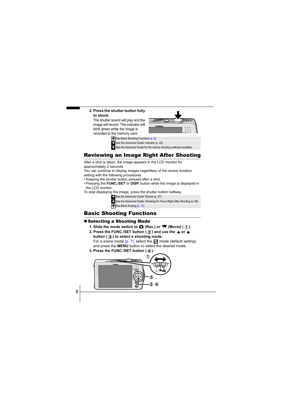 Reviewing an image right after shooting, Basic shooting functions | Canon CEL-SF7BA210 User Manual | Page 8 / 29