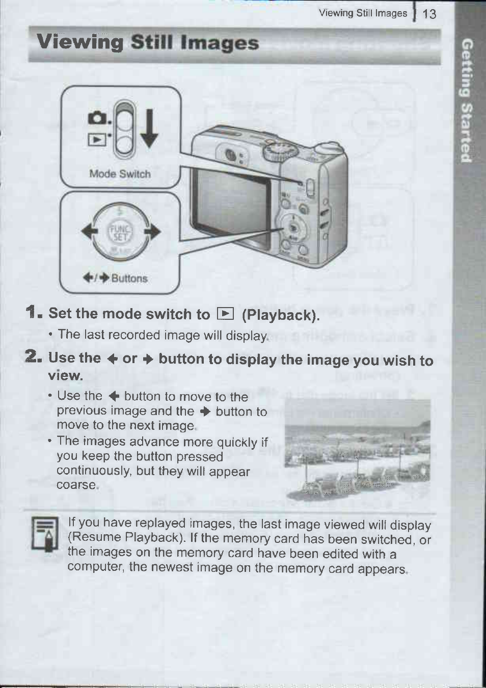 Viewing still images, Set the mode switch to [zl (playback) | Canon A720IS User Manual | Page 15 / 37