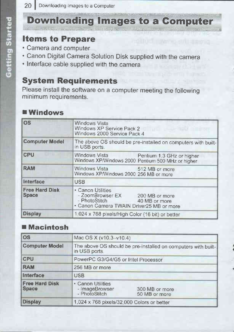 Downloading images to a computer, Items to prepare, System requirements | I windows, Macintosh | Canon A720IS User Manual | Page 22 / 37